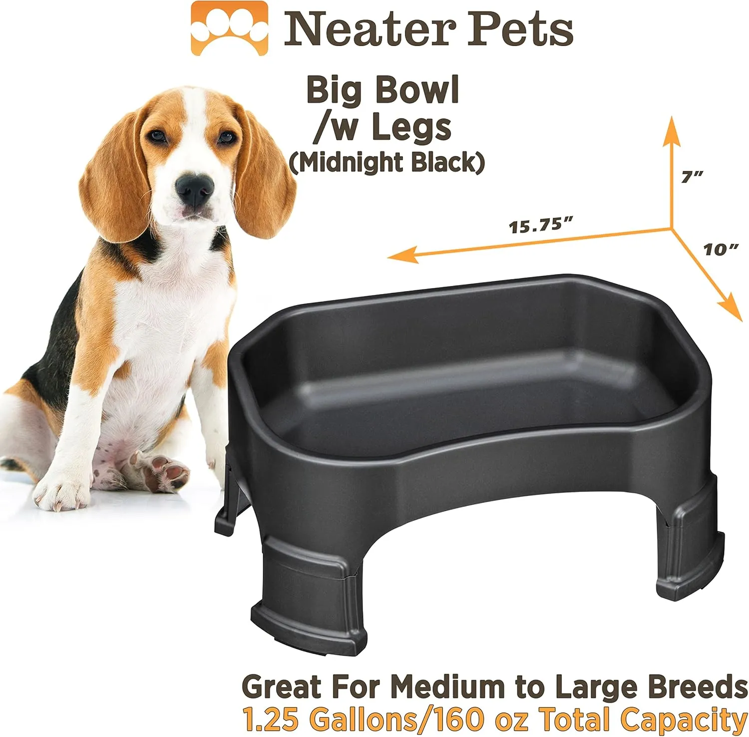 Neater Pet Brands Big Bowl with Leg Extensions Huge Jumbo Trough Style Dog Pet Water Dish (1.25 Gallons, Midnight Black)