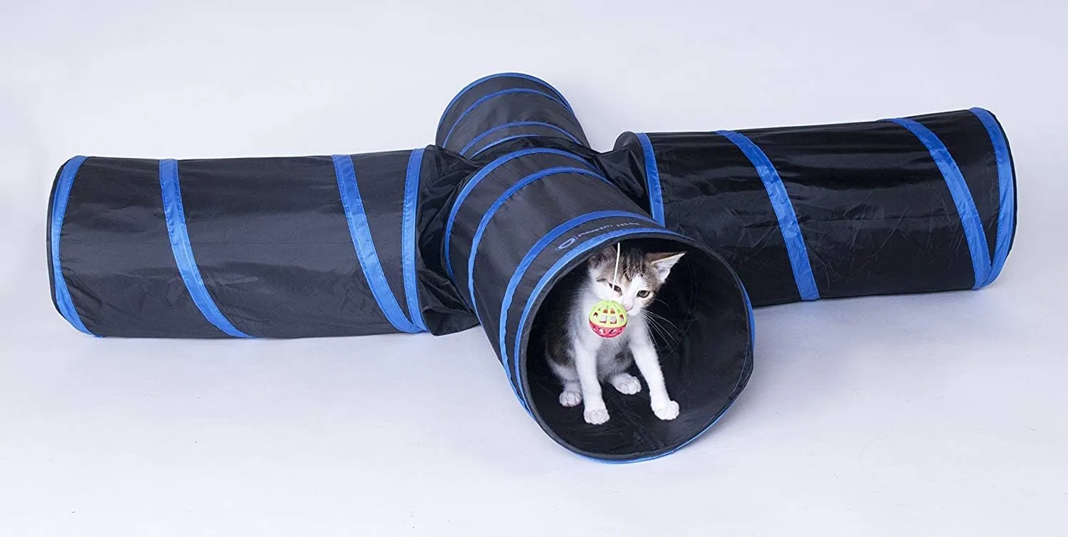 New Cat tunnel Design, Collapsible 4-way Cat Tunnel Toy with Crinkle (Large, Dark Blue)