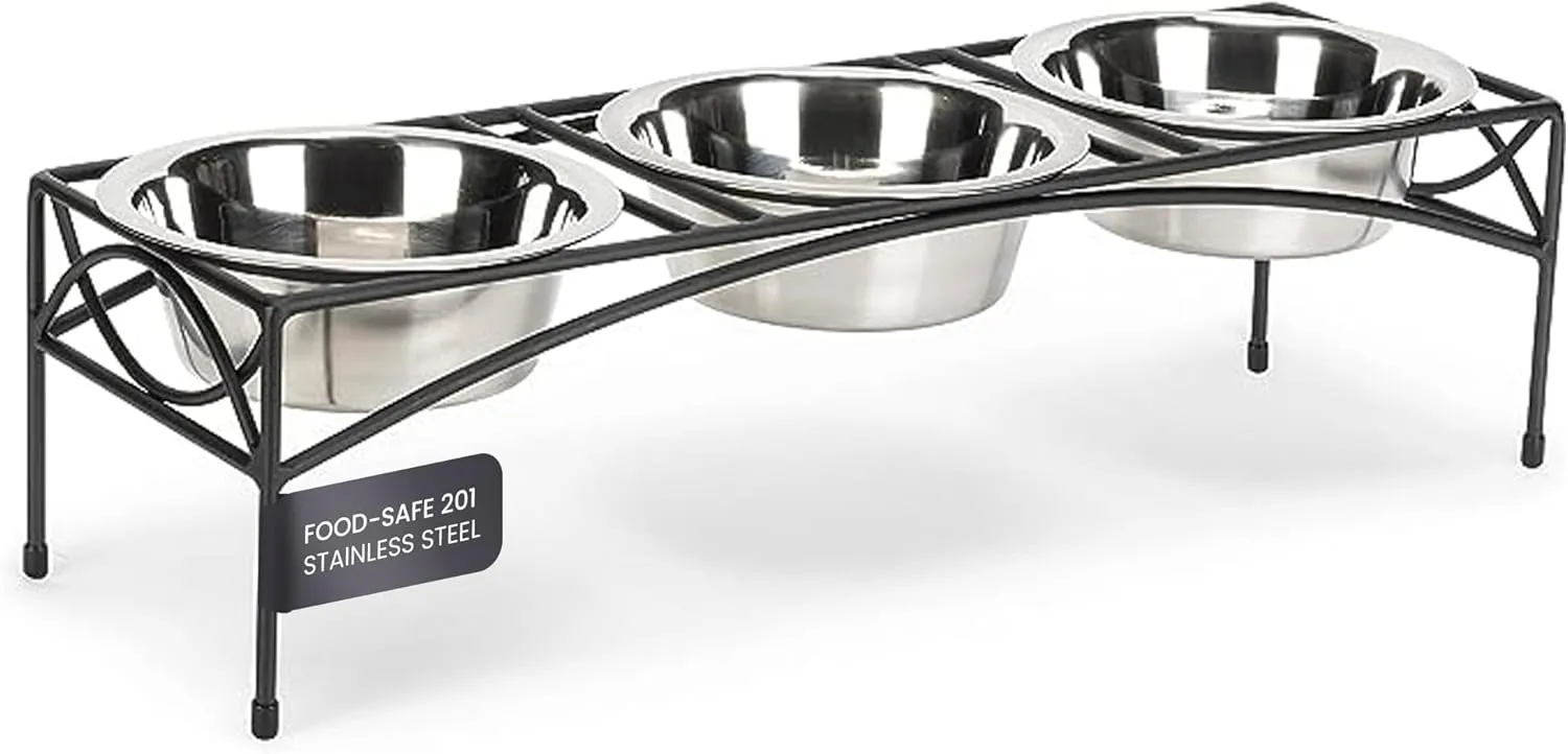 NMN Designs Regal Triple Diner - Triple Bowl Dog and Cat Feeder Stand - Ideal for Feeding Multiple Pets - Durable Wrought Iron Construction with 3-2 Qt Stainless Bowls - 26.5" L x 8" W x 7" H, Black