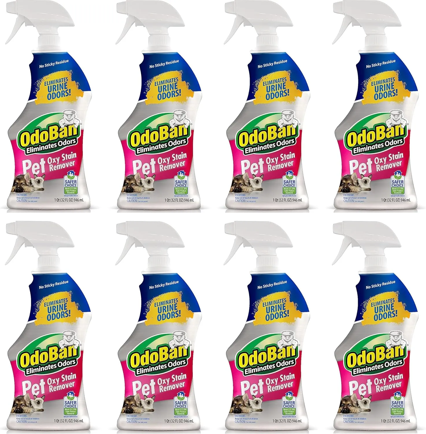OdoBan Pet Solutions Oxy Stain Remover, Pet Stain Eliminator, 8-Pack, 32 Ounce Spray Each