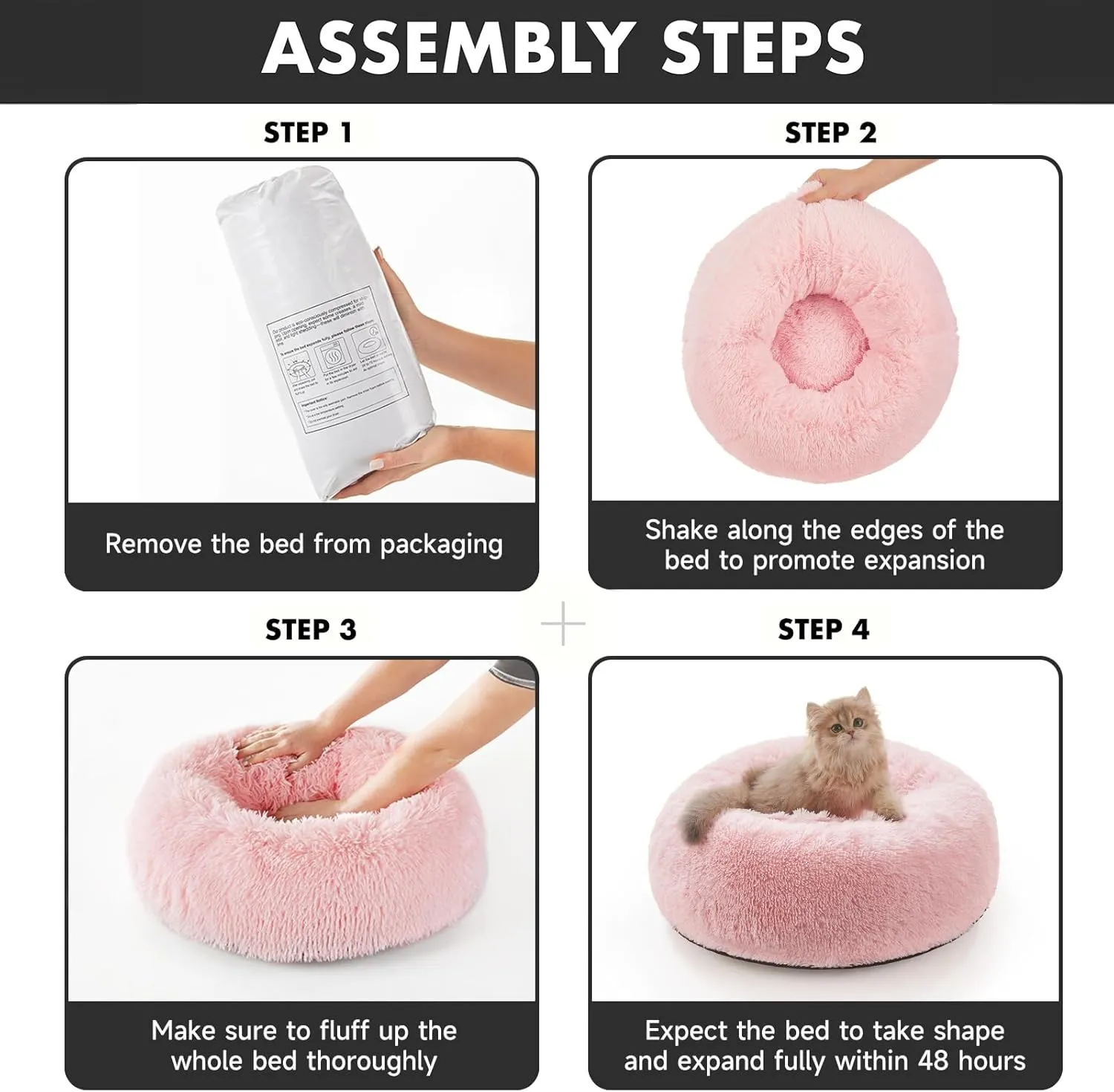 OhGeni Calming Donut Cat Bed Pillow for Small Pets, Machine Washable Removable Cover, Comfort Plush Fluffy Faux Fur with Anti-Slip Bottom, Dogs-Friendly Round Cuddly Design, Pink, 20 inches