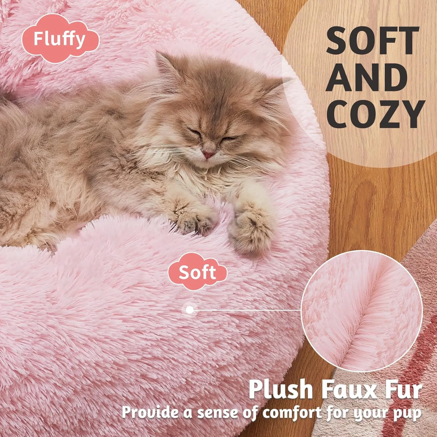 OhGeni Calming Donut Cat Bed Pillow for Small Pets, Machine Washable Removable Cover, Comfort Plush Fluffy Faux Fur with Anti-Slip Bottom, Dogs-Friendly Round Cuddly Design, Pink, 20 inches