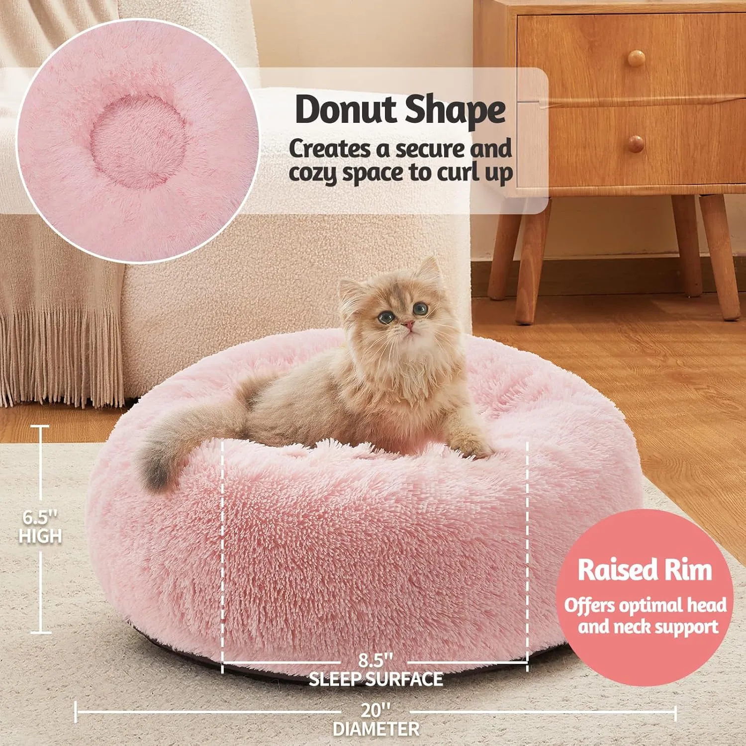 OhGeni Calming Donut Cat Bed Pillow for Small Pets, Machine Washable Removable Cover, Comfort Plush Fluffy Faux Fur with Anti-Slip Bottom, Dogs-Friendly Round Cuddly Design, Pink, 20 inches