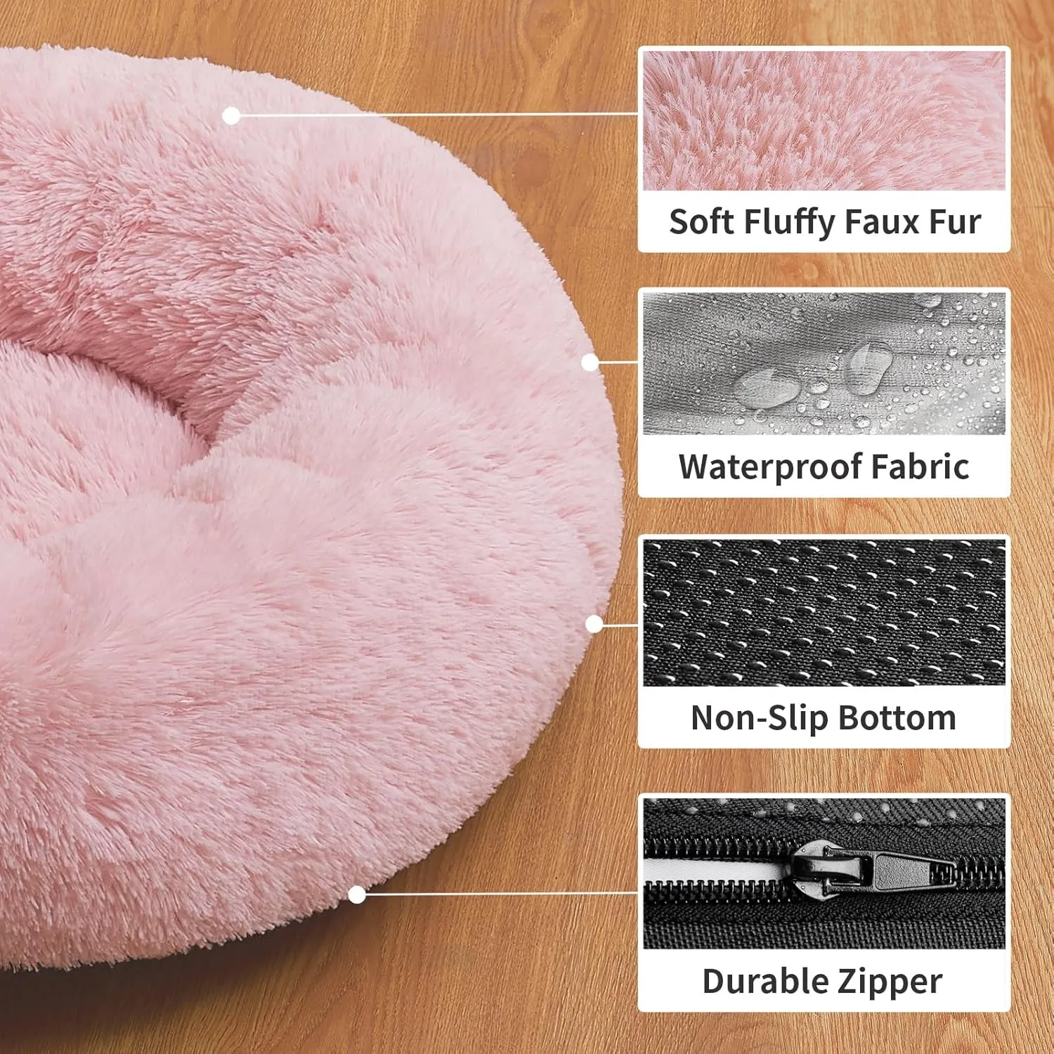 OhGeni Calming Donut Cat Bed Pillow for Small Pets, Machine Washable Removable Cover, Comfort Plush Fluffy Faux Fur with Anti-Slip Bottom, Dogs-Friendly Round Cuddly Design, Pink, 20 inches
