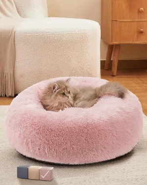 OhGeni Calming Donut Cat Bed Pillow for Small Pets, Machine Washable Removable Cover, Comfort Plush Fluffy Faux Fur with Anti-Slip Bottom, Dogs-Friendly Round Cuddly Design, Pink, 20 inches