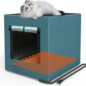 Outdoor Cat House Weatherproof, Large Heated Cat Crate for Outside Community Cat Stray Feral Kitty Condo Shelter with Winter Heating Pad Cat Cage Enclosure Indoor, Blue