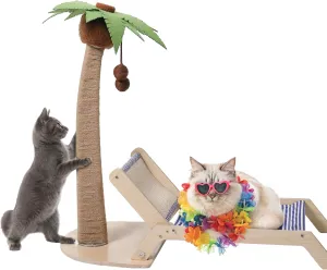 Palm Tree Cat Scratching Post with Bed, Cat Tree with Bed - Wooden Elevated Cat Beds Scratching Poles Sisal Hanging Balls Indoor Cat Hammock Bench Chair for Kitten and Large Adult Cats