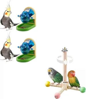 Parakeet Enrichment Toys, Interactive Foraging Toys for Parakeet & Bird Stand Perch Toy, Interactive Spinning Parakeet Toys, Wooden Exercise Wheel Parrot Toys