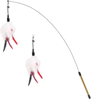 Pawaboo Feather Teaser Cat Toy - Interactive Wand with Extra Long 34.5" Wand and Small Bell, Exerciser Playing Toy for Kittens or Cats, Wine Red & White Feather