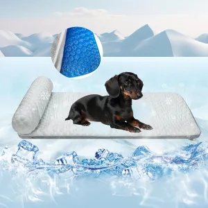Pet Cooling Mat for Cats and Small Dogs, Self Cooling Fabric with Supportive Pillows, Lightweight, Soft and Comfortable, Leak-Proof, Non Gel, Washable, Cozy Sleeping mat, Indoor/Outdoor