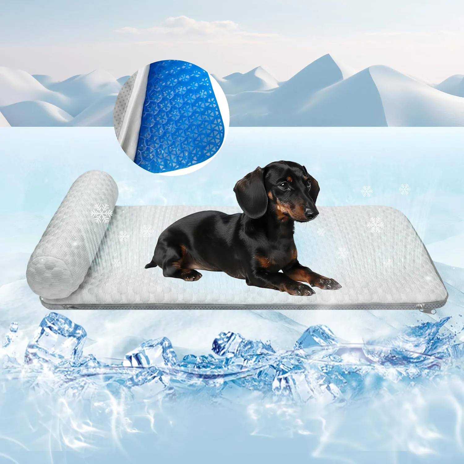 Pet Cooling Mat for Cats and Small Dogs, Self Cooling Fabric with Supportive Pillows, Lightweight, Soft and Comfortable, Leak-Proof, Non Gel, Washable, Cozy Sleeping mat, Indoor/Outdoor
