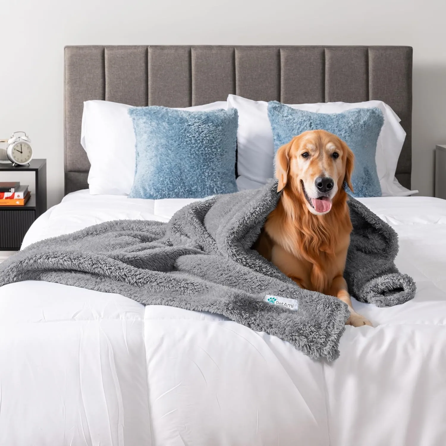PetAmi Fluffy Waterproof Dog Blanket for Bed Large Dogs, Soft Warm Pet Sherpa Throw Pee Proof Couch Cover, Reversible Cat Blanket Sofa Crate Kennel Protector, Washable Mat (Light Grey, 60x80)