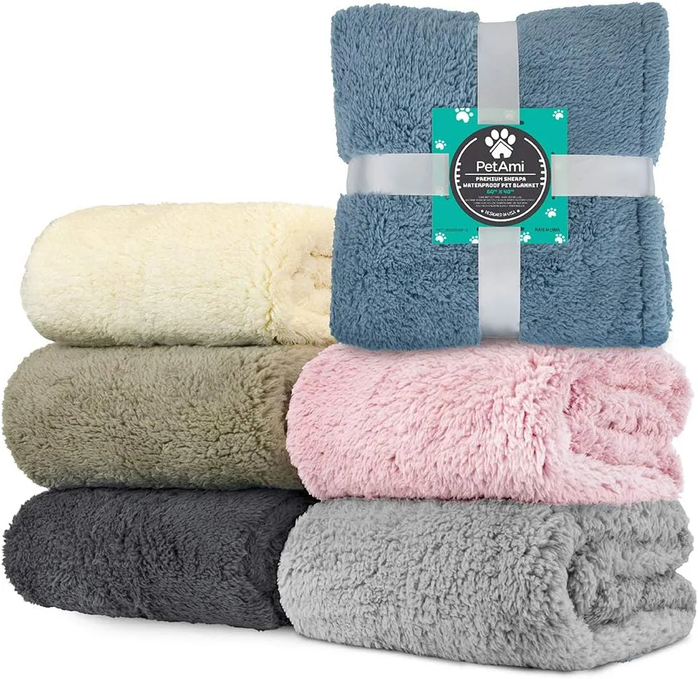 PetAmi Fluffy Waterproof Dog Blanket for Bed Large Dogs, Soft Warm Pet Sherpa Throw Pee Proof Couch Cover, Reversible Cat Blanket Sofa Crate Kennel Protector, Washable Mat (Light Grey, 60x80)