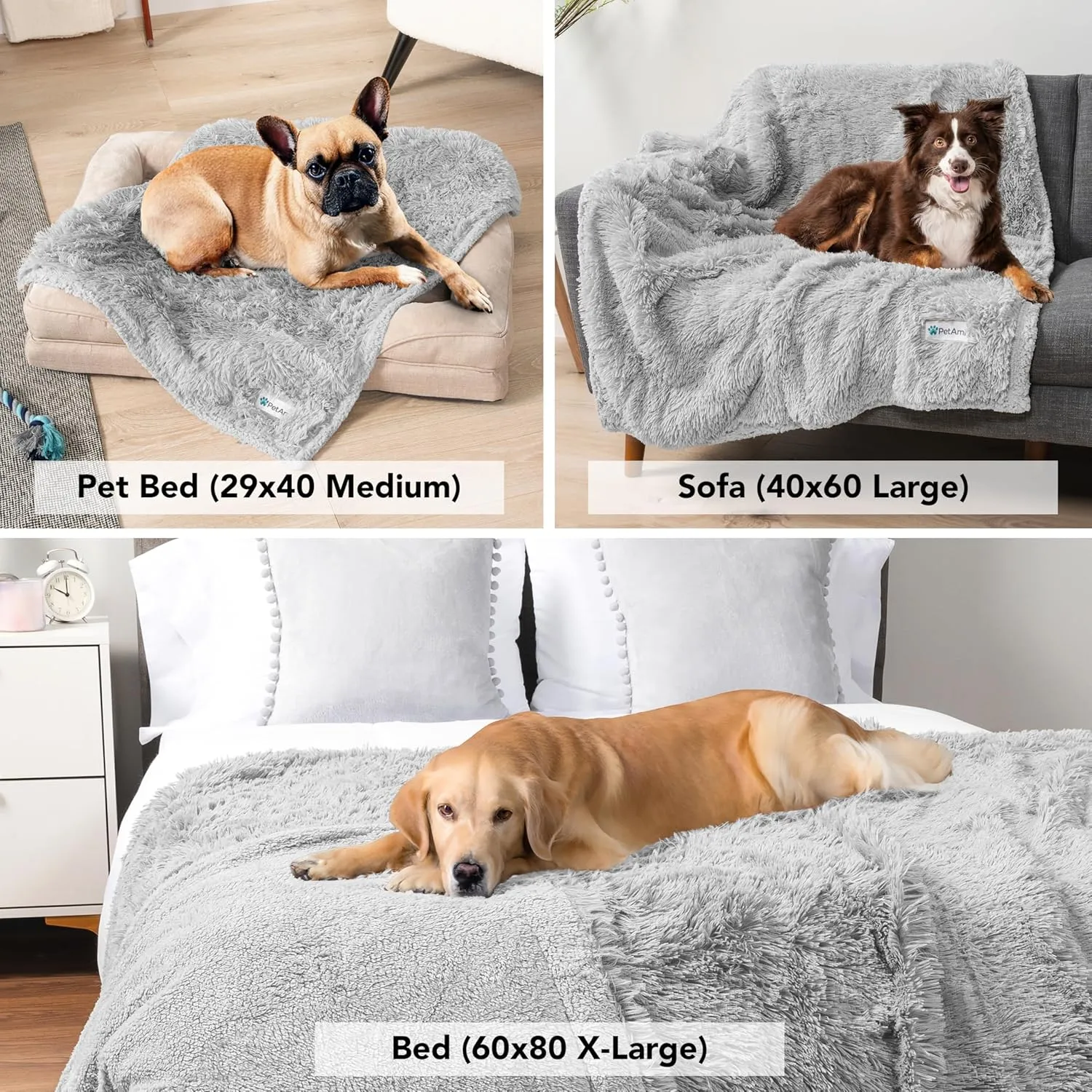 PetAmi Waterproof Dog Blanket for Large Dog, Calming Pet Blanket Bed Couch Cover Protector, Washable Sherpa Faux Fur Throw for Sofa Furniture Protection, Soft Fluffy 60x80 Light Gray