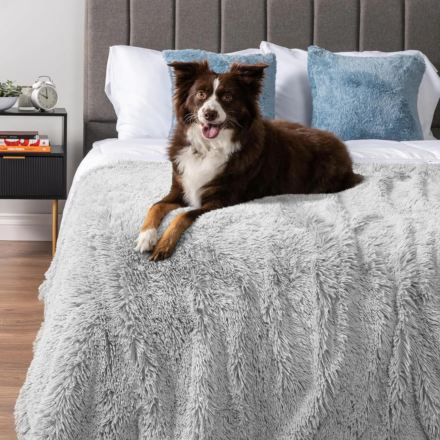 PetAmi Waterproof Dog Blanket for Large Dog, Calming Pet Blanket Bed Couch Cover Protector, Washable Sherpa Faux Fur Throw for Sofa Furniture Protection, Soft Fluffy 60x80 Light Gray