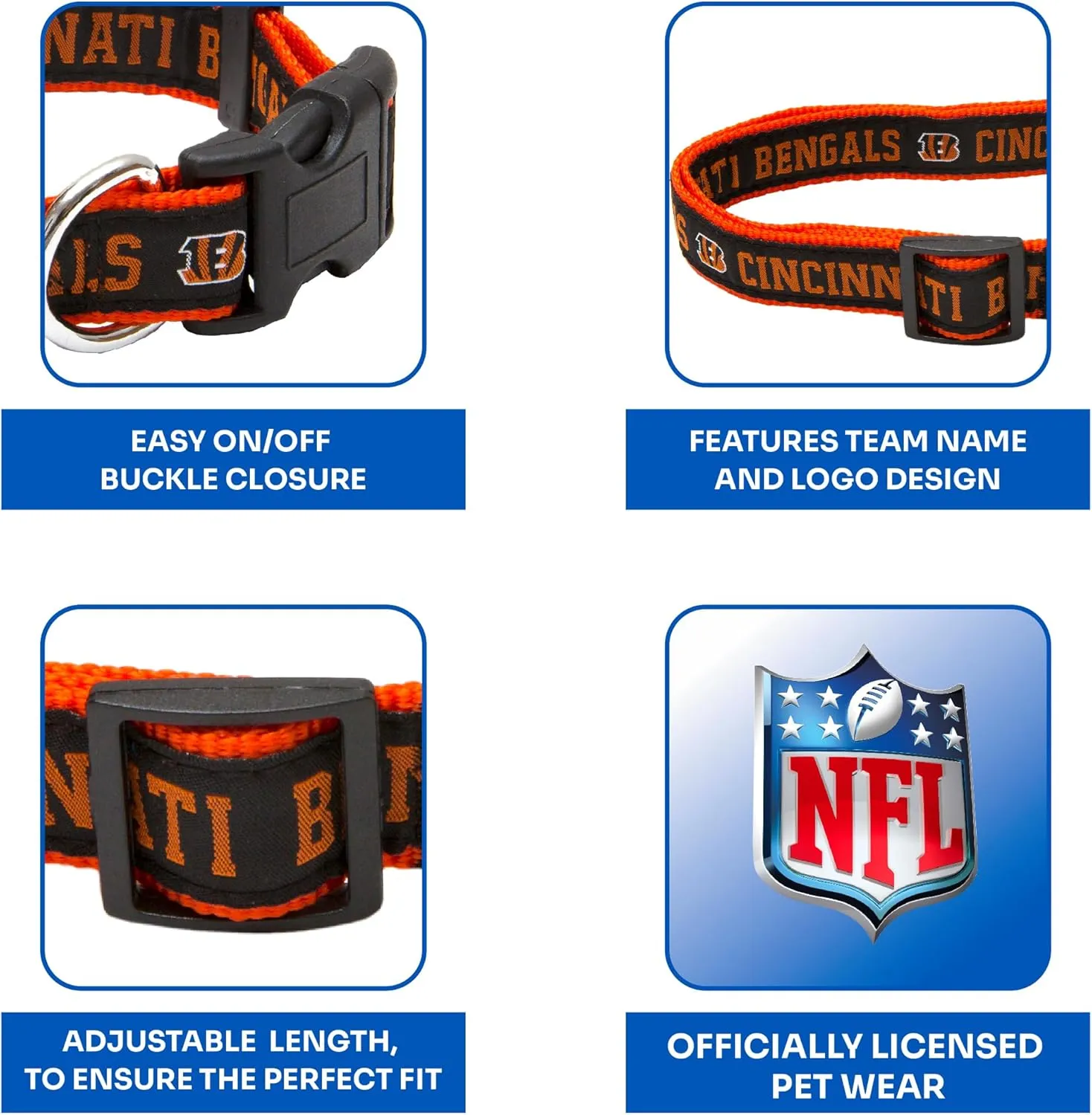 Pets First NFL Cincinnati Bengals Licensed PET COLLAR, Small - Heavy-Duty, Strong, and Durable Dog Collar. Available in 31 Football Teams and 4 Sizes