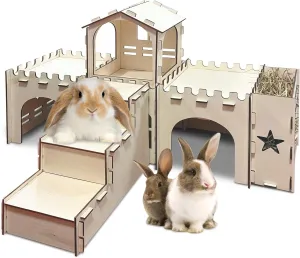 PINVNBY Wooden Bunny House, Extra Large Guinea Pig Castle with Hay Feeder, Detachable Indoor Wood Rabbit Hideout for Small Animal Hamster Chinchilla Climbing Play Hideaway Hut