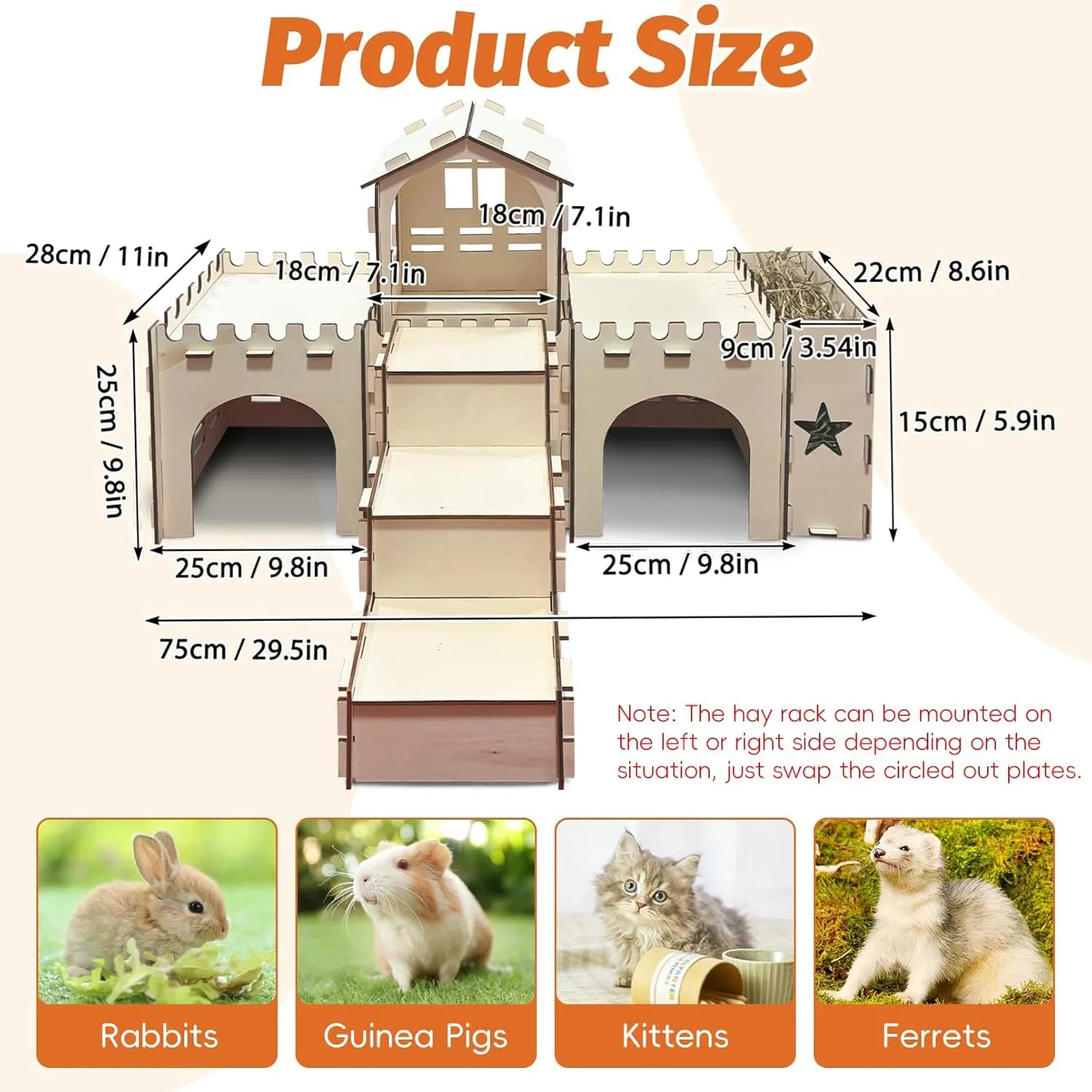 PINVNBY Wooden Bunny House, Extra Large Guinea Pig Castle with Hay Feeder, Detachable Indoor Wood Rabbit Hideout for Small Animal Hamster Chinchilla Climbing Play Hideaway Hut