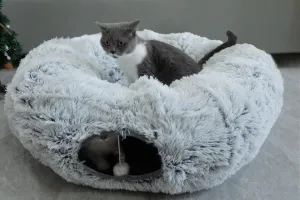 Plush Cat Tunnel Bed with Central Mat for Indoor Cat Kitten Puppy Rabbit,Under Christmas Tree Soft Plush Play Tunnel, Peephole and Hanging Ball