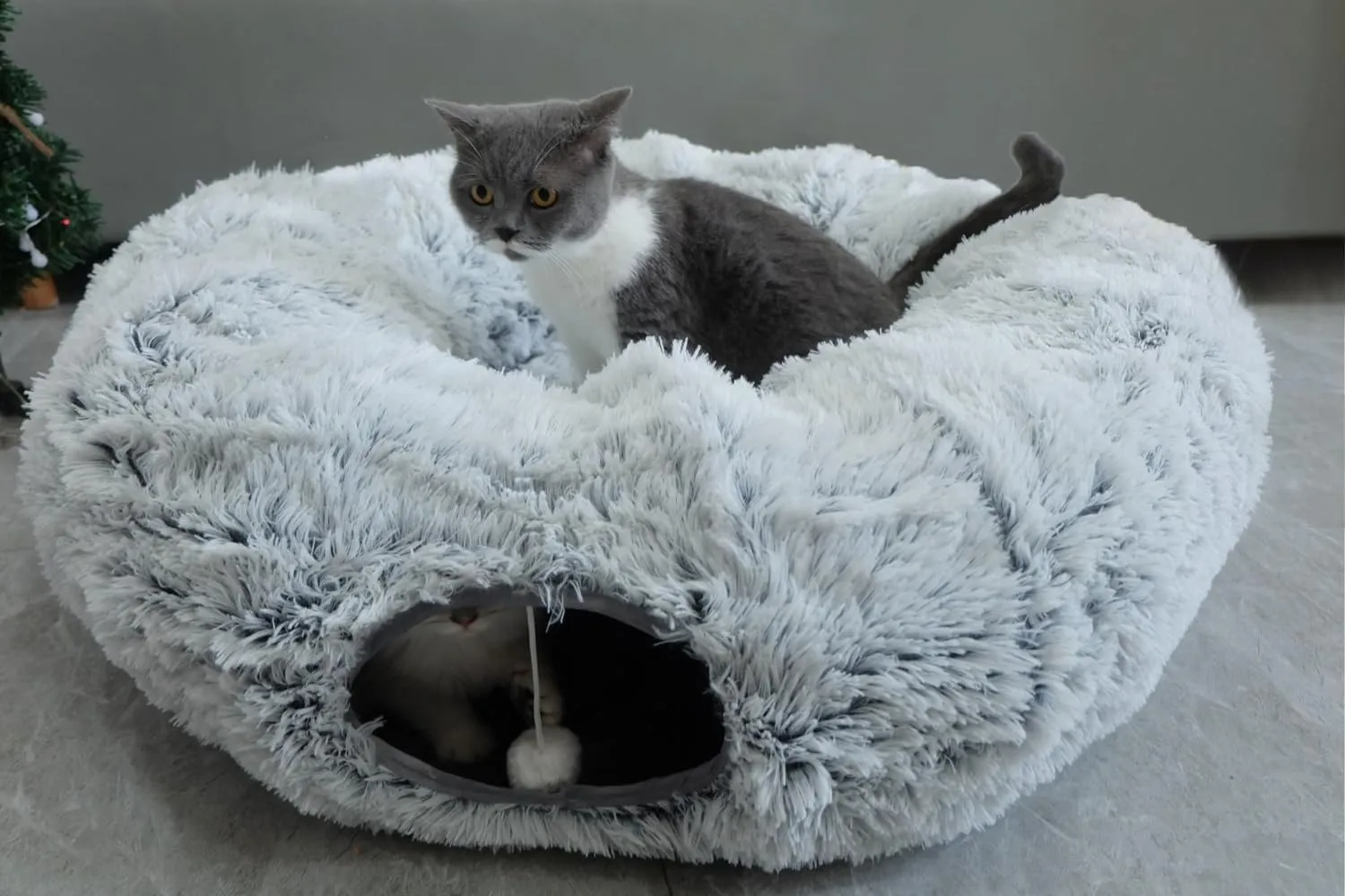Plush Cat Tunnel Bed with Central Mat for Indoor Cat Kitten Puppy Rabbit,Under Christmas Tree Soft Plush Play Tunnel, Peephole and Hanging Ball