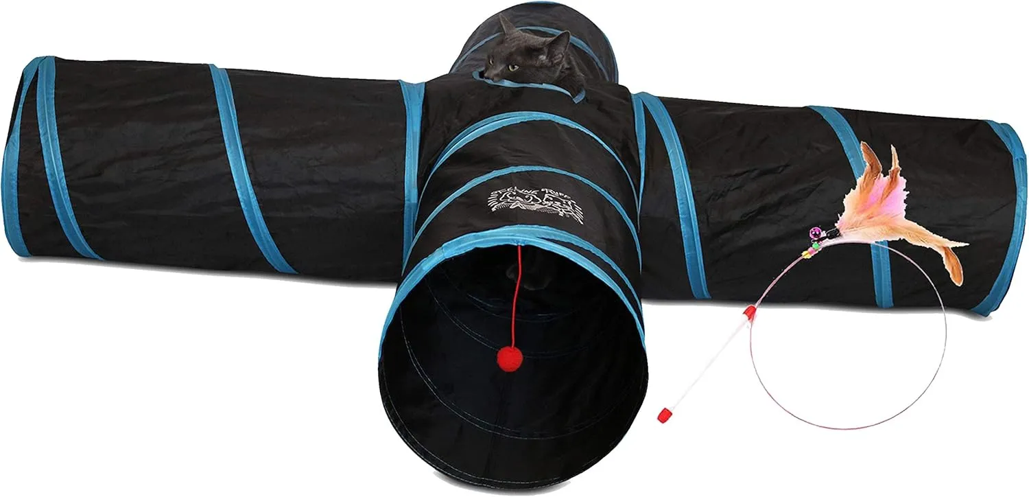 Premium 4 Way Cat Tunnel. Extra Large 12 Inch Diameter and Extra Long. A Big Collapsible Play Toy. Wide Pet Tunnel Tube for Rabbits, Kittens, Large Cats, and Dogs.