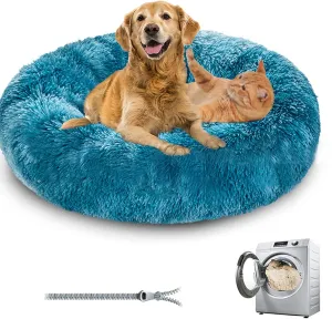 Premium Plush Donut Dog & Cat Bed - Calming, Warm & Soft, Anti-Anxiety, Non-Slip, Washable for Small/Medium/Large Dogs (Gradient Blue)