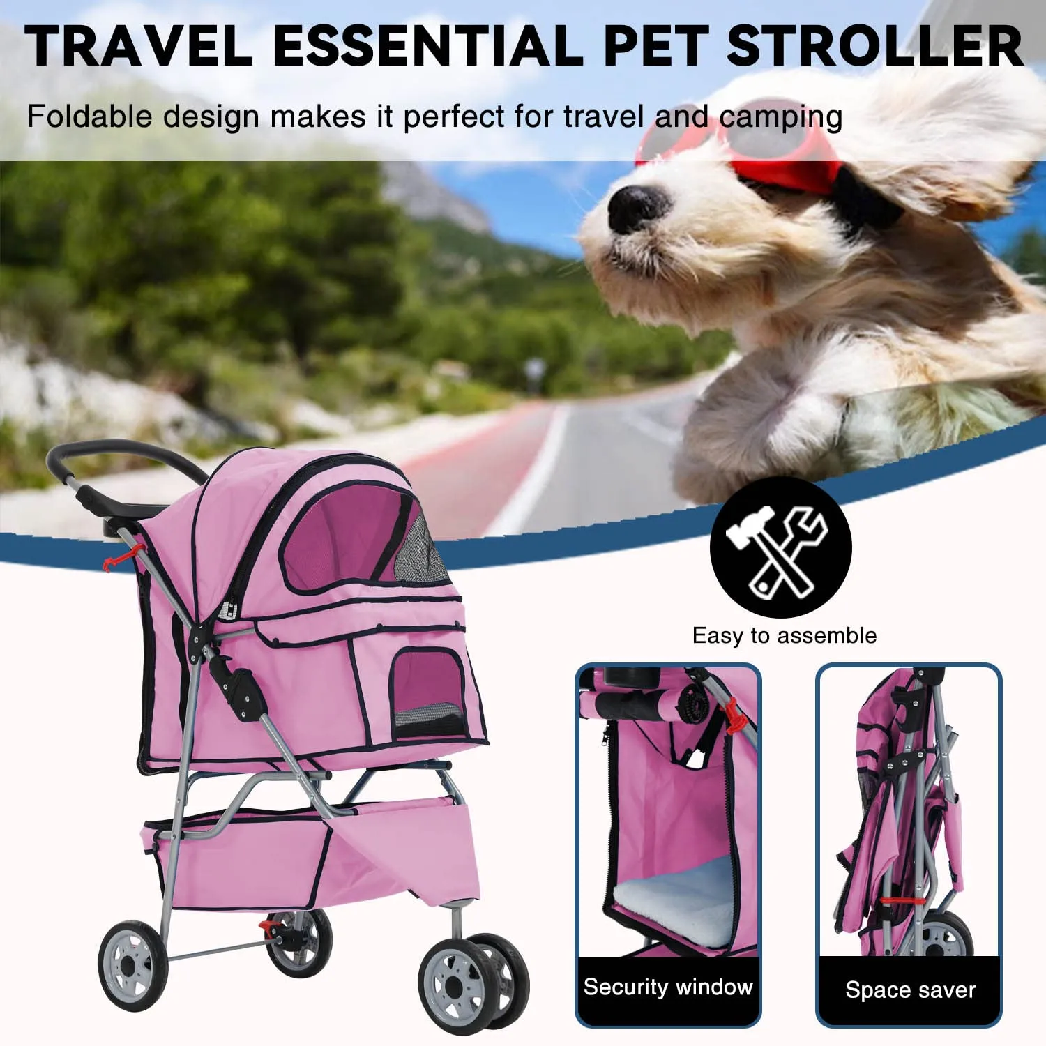 Puppy Stroller, 3 Wheels Pet Dog Cat Stroller, Folding Carrier Waterproof Puppy Stroller with Cup Holder & Removable Liner, Dog Strollers for Small Dogs, for Small and Medium Pets (Pink)