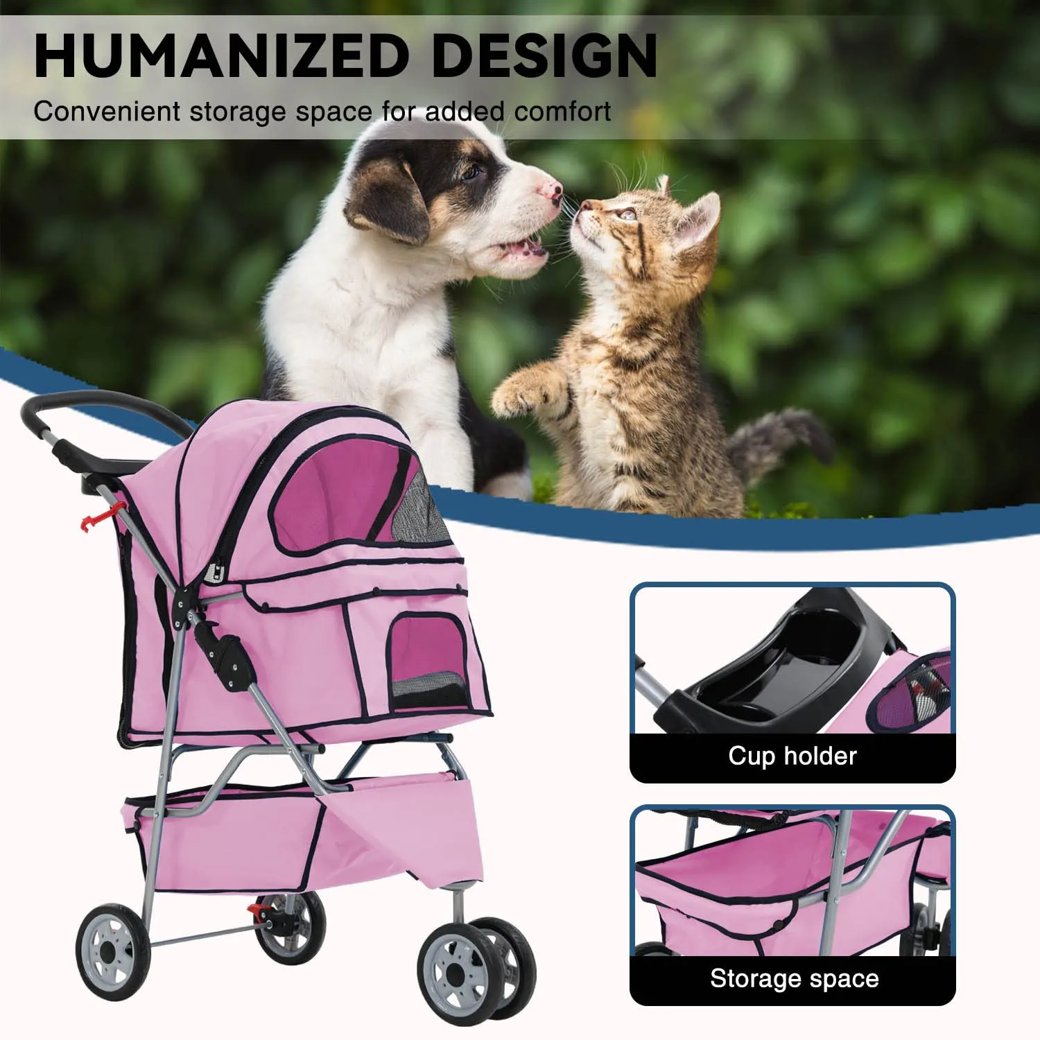 Puppy Stroller, 3 Wheels Pet Dog Cat Stroller, Folding Carrier Waterproof Puppy Stroller with Cup Holder & Removable Liner, Dog Strollers for Small Dogs, for Small and Medium Pets (Pink)