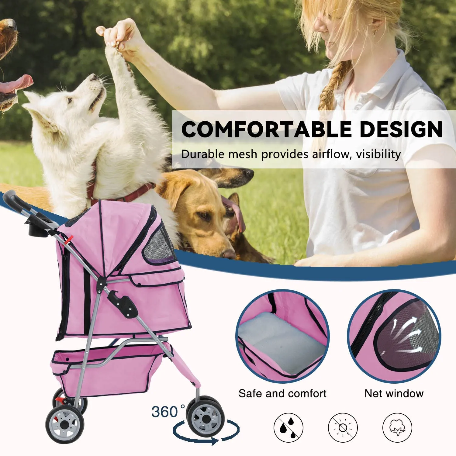 Puppy Stroller, 3 Wheels Pet Dog Cat Stroller, Folding Carrier Waterproof Puppy Stroller with Cup Holder & Removable Liner, Dog Strollers for Small Dogs, for Small and Medium Pets (Pink)