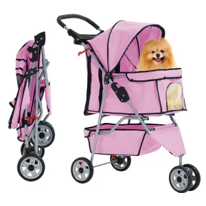 Puppy Stroller, 3 Wheels Pet Dog Cat Stroller, Folding Carrier Waterproof Puppy Stroller with Cup Holder & Removable Liner, Dog Strollers for Small Dogs, for Small and Medium Pets (Pink)