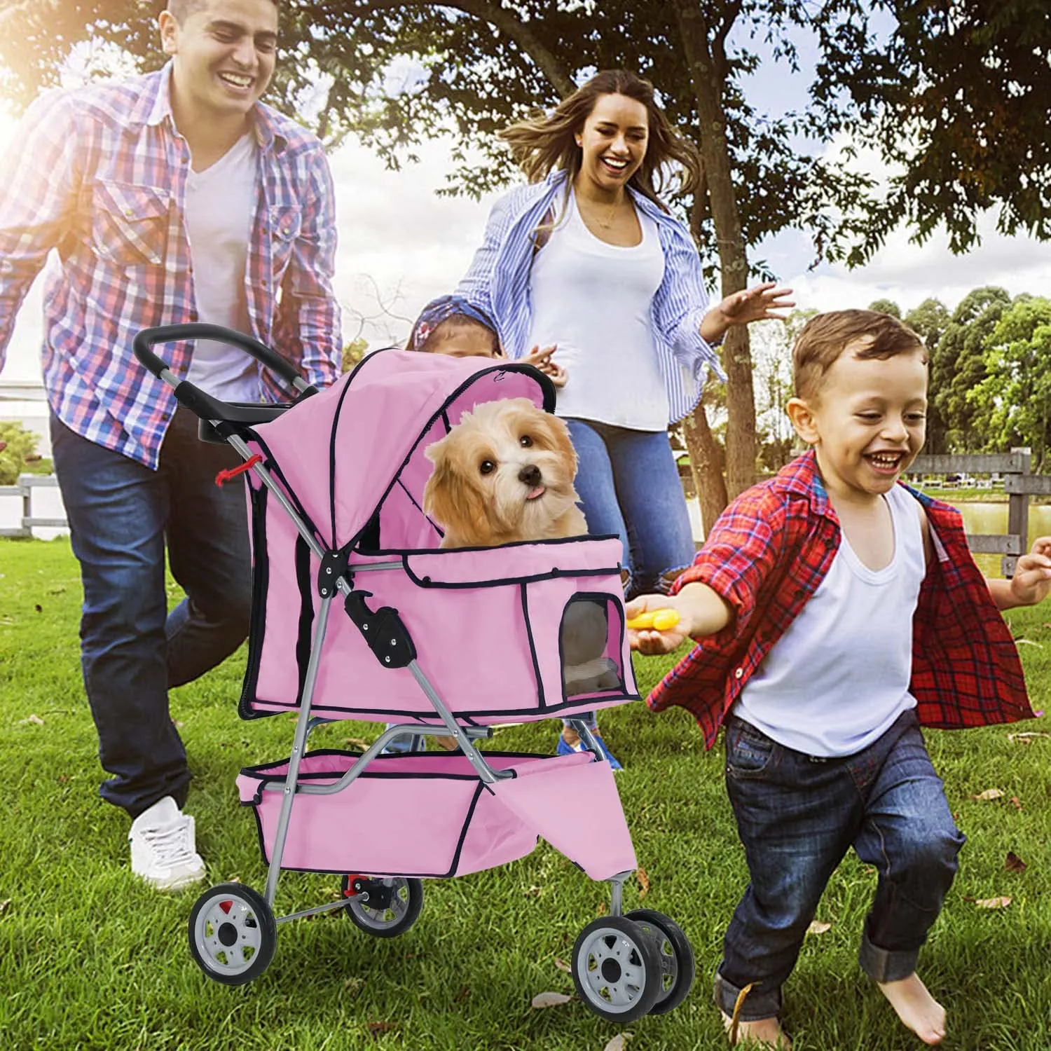 Puppy Stroller, 3 Wheels Pet Dog Cat Stroller, Folding Carrier Waterproof Puppy Stroller with Cup Holder & Removable Liner, Dog Strollers for Small Dogs, for Small and Medium Pets (Pink)