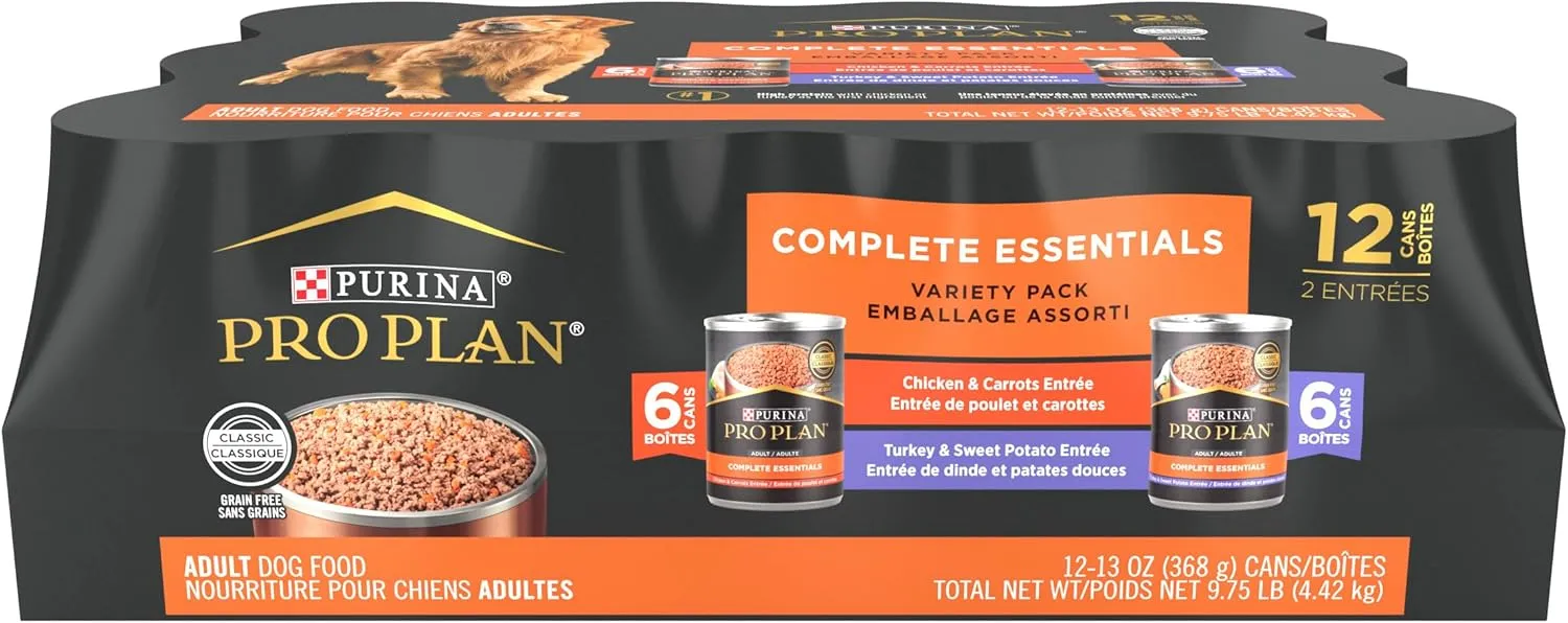 Purina Pro Plan Wet Dog Food Grain Free Complete Essentials Variety Pack, Chicken and Carrots and Turkey and Sweet Potato Entrees - (Pack of 12) 13 oz. Cans