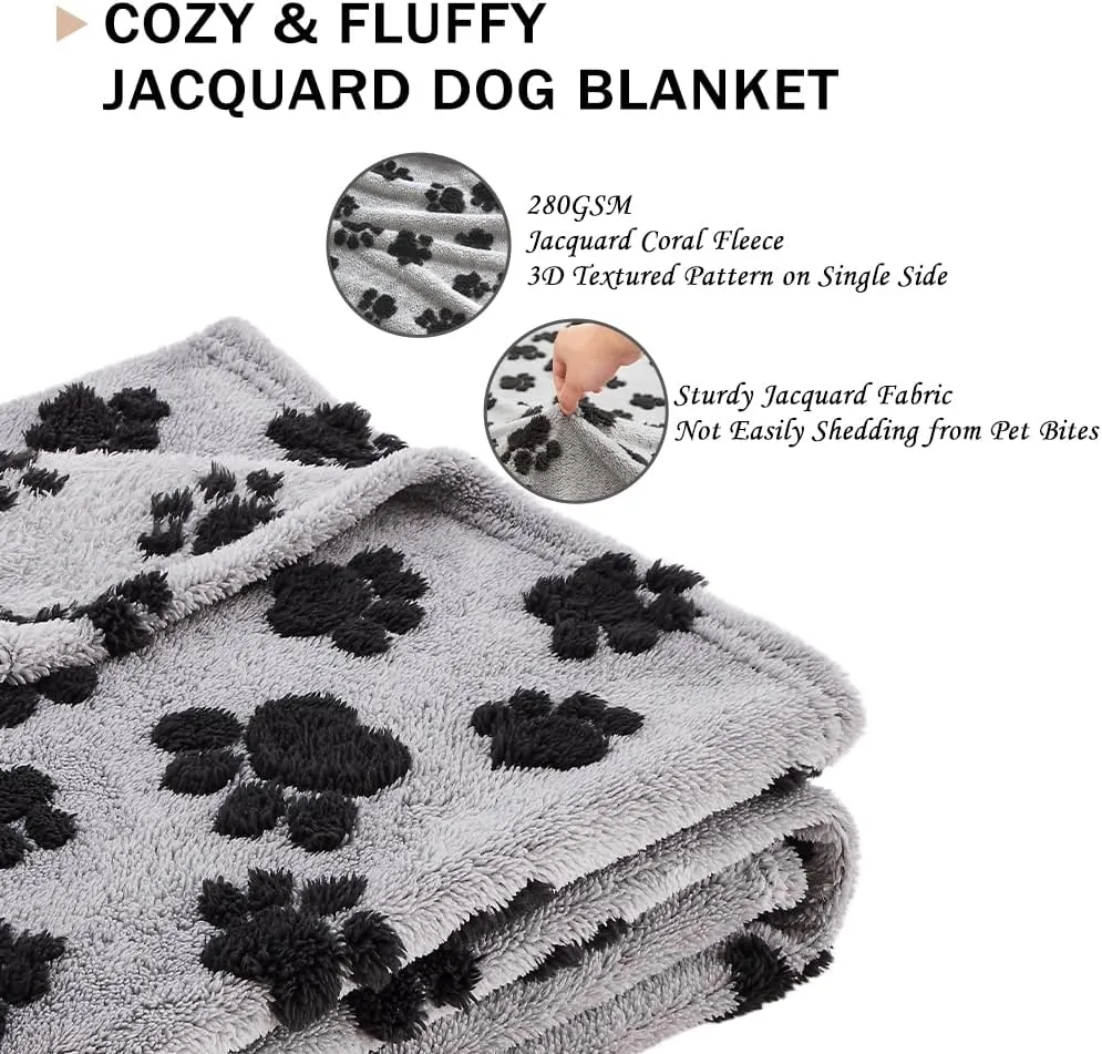 Qeils Jacquard Dog Blankets for Small Dogs, Cozy Calming Blanket for Indoor Cats, 280GSM Coral Fleece Plush Fluffy Throw Blanket, Black Paws, 25x30IN