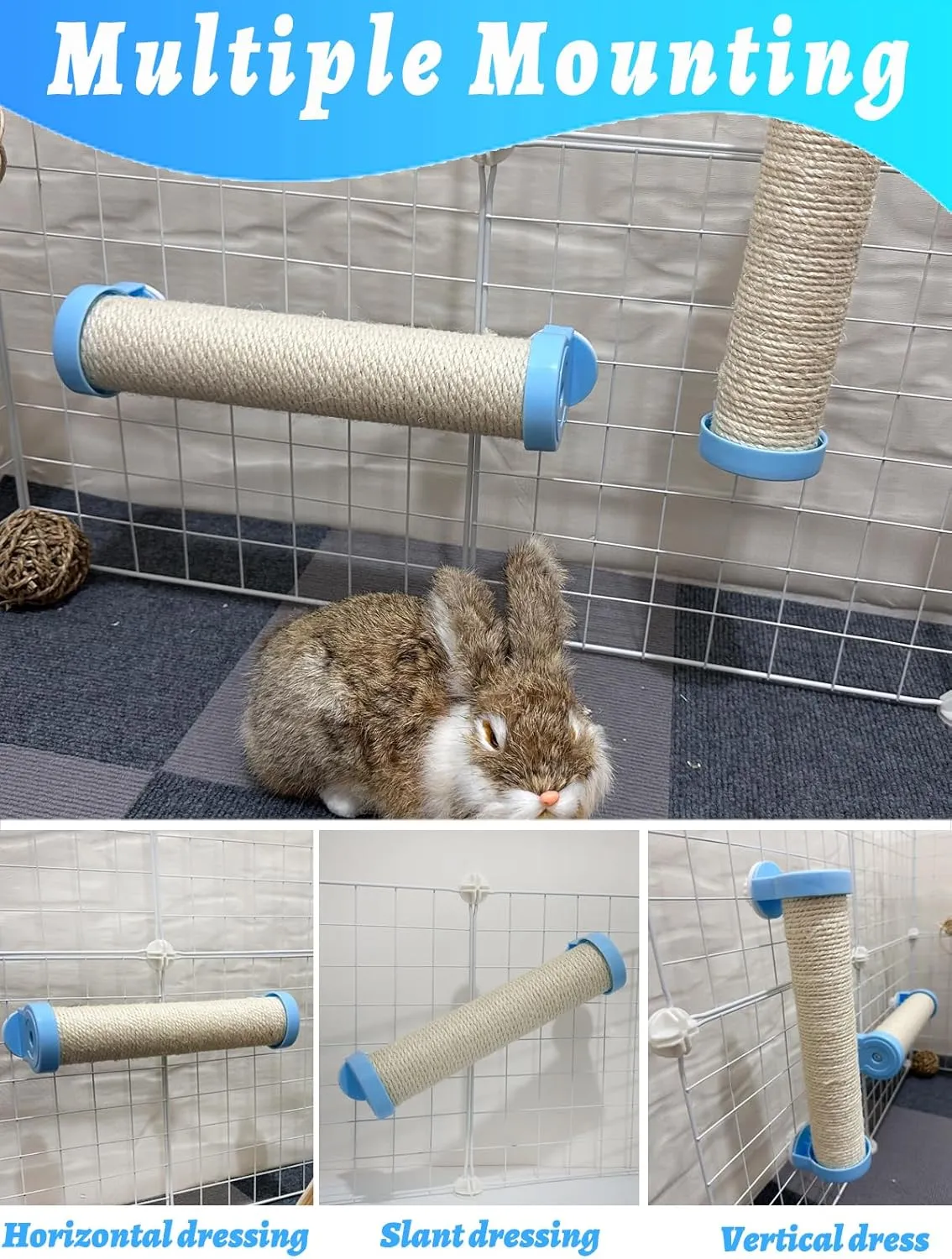 Rabbit Scratch Post for Rabbits Scratching Toys, Natural Sisal Bunny Nail Claw Scratcher Cage Accessories for Scratching and Climbing, Space-Saving (White)