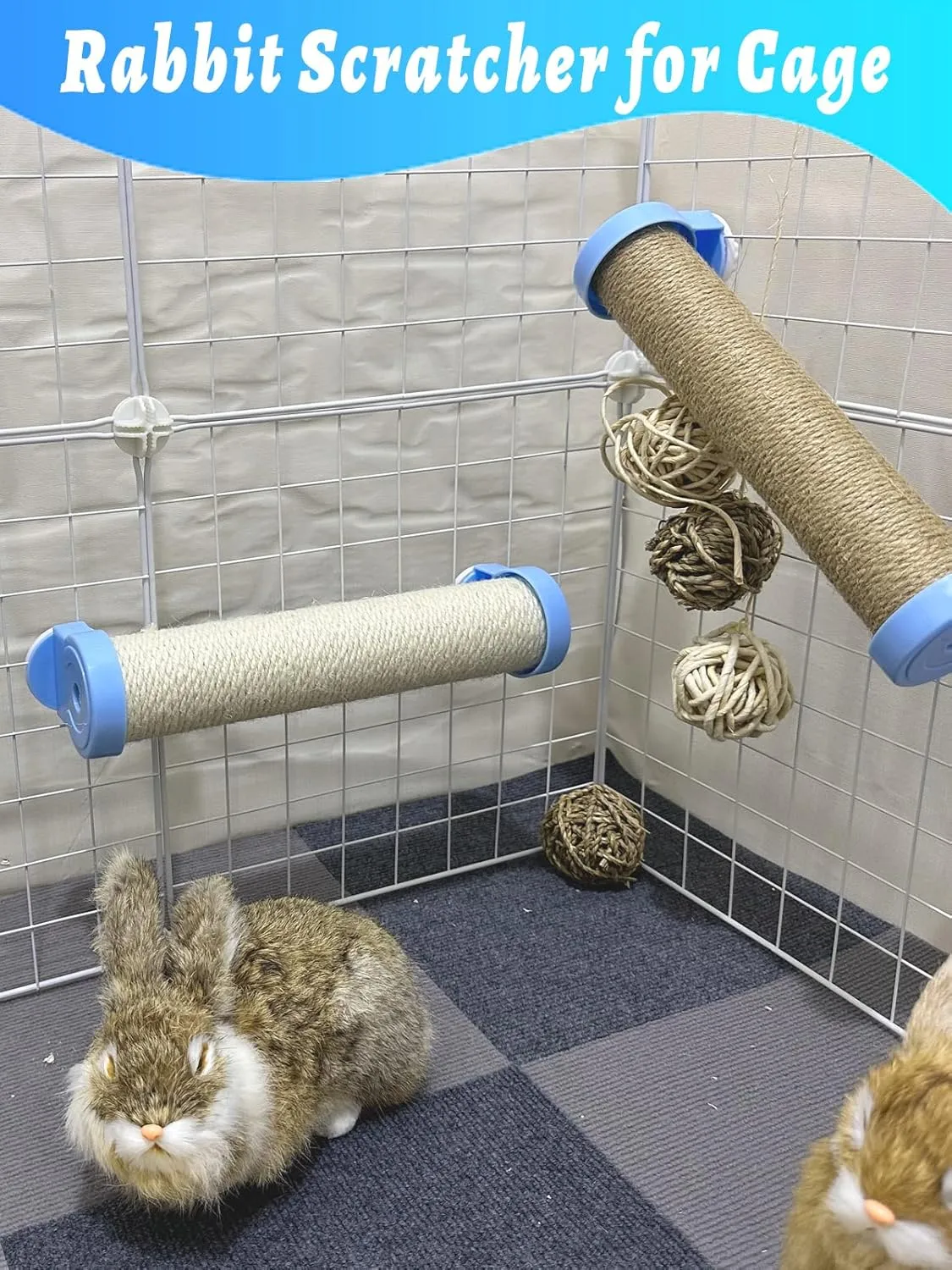 Rabbit Scratch Post for Rabbits Scratching Toys, Natural Sisal Bunny Nail Claw Scratcher Cage Accessories for Scratching and Climbing, Space-Saving (White)