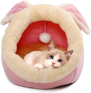 Rabbit-Shaped Cat Cave Bed with Hanging Toy,Super Soft Calming Cat Beds for Indoor Cats,Cat Tent for Kittens and Small Cat,Warm Plush&Machine Washable&Removable Cotton Pad,Cat Hideaway(Pink M)