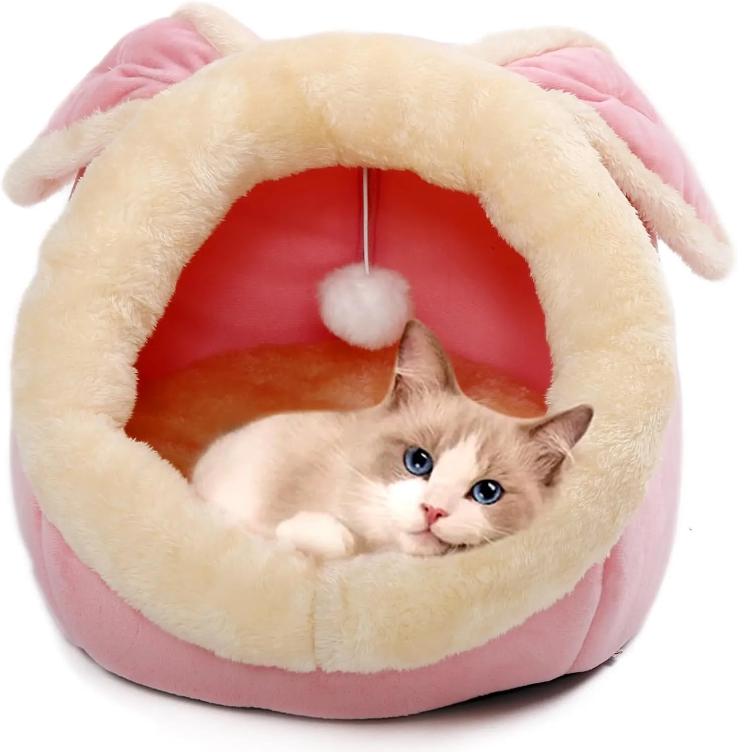 Rabbit-Shaped Cat Cave Bed with Hanging Toy,Super Soft Calming Cat Beds for Indoor Cats,Cat Tent for Kittens and Small Cat,Warm Plush&Machine Washable&Removable Cotton Pad,Cat Hideaway(Pink M)