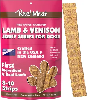 Real Meat Lamb & Venison Jerky Dog Treats - 8 Air-Dried Strips of Jerky Treats- Grain-Free Dog Snacks with 95% Quality Free-Range Lamb & Venison - All Natural