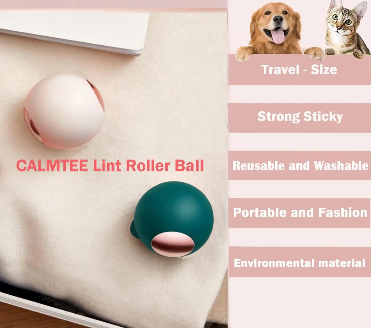 Reusable Lint Roller Ball, Sticky Washable lint Roller Portable Travel Dog Cat Pet Hair Lint Remover Tool for Clothes Purse Bag Traveling Essentials (Pink Gold)