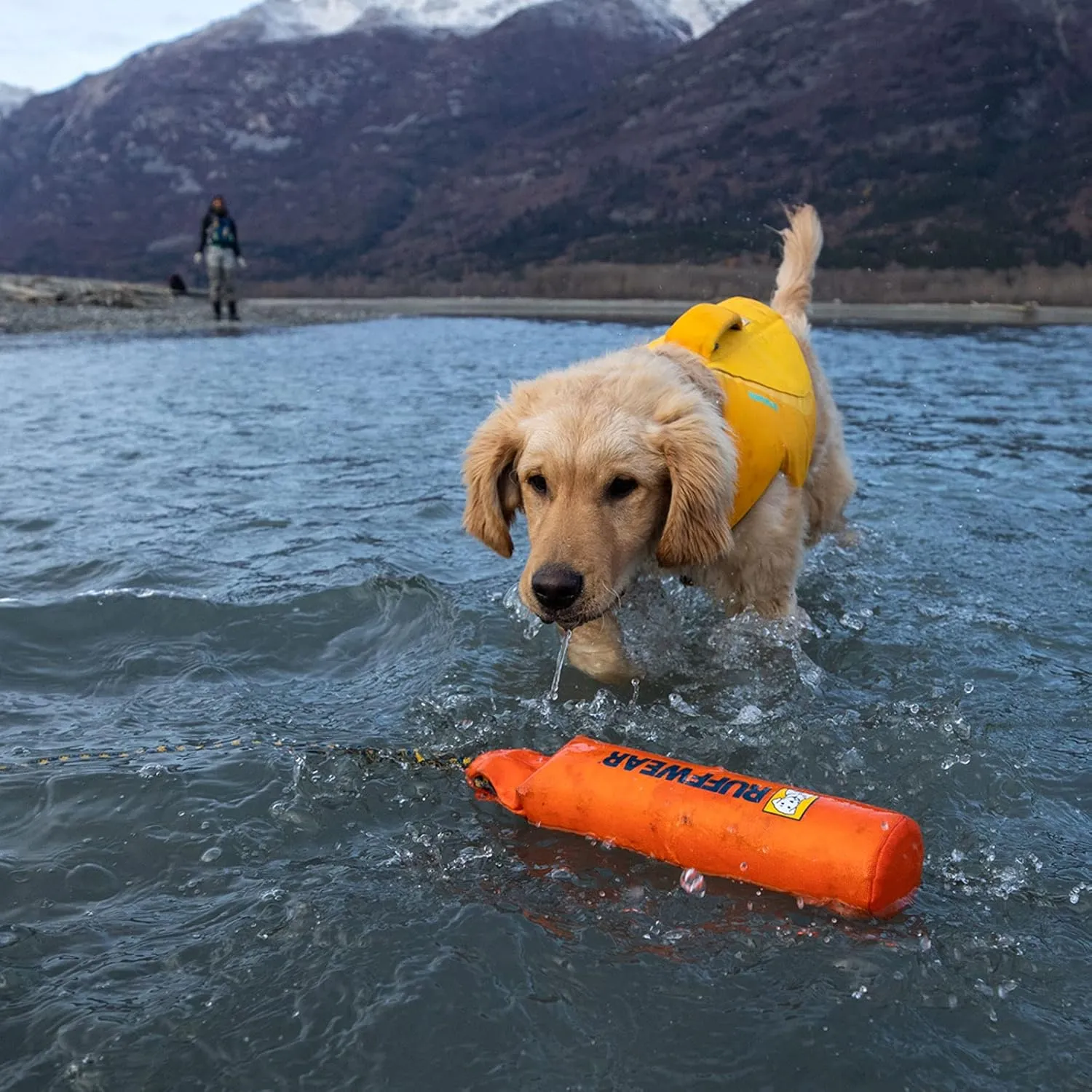 Ruffwear Lunker Throw Toy for Dogs  Durable, Soft Fabric Toy with Rope Handle for Fetch and Tug on Land & Water, Campfire Orange, Medium