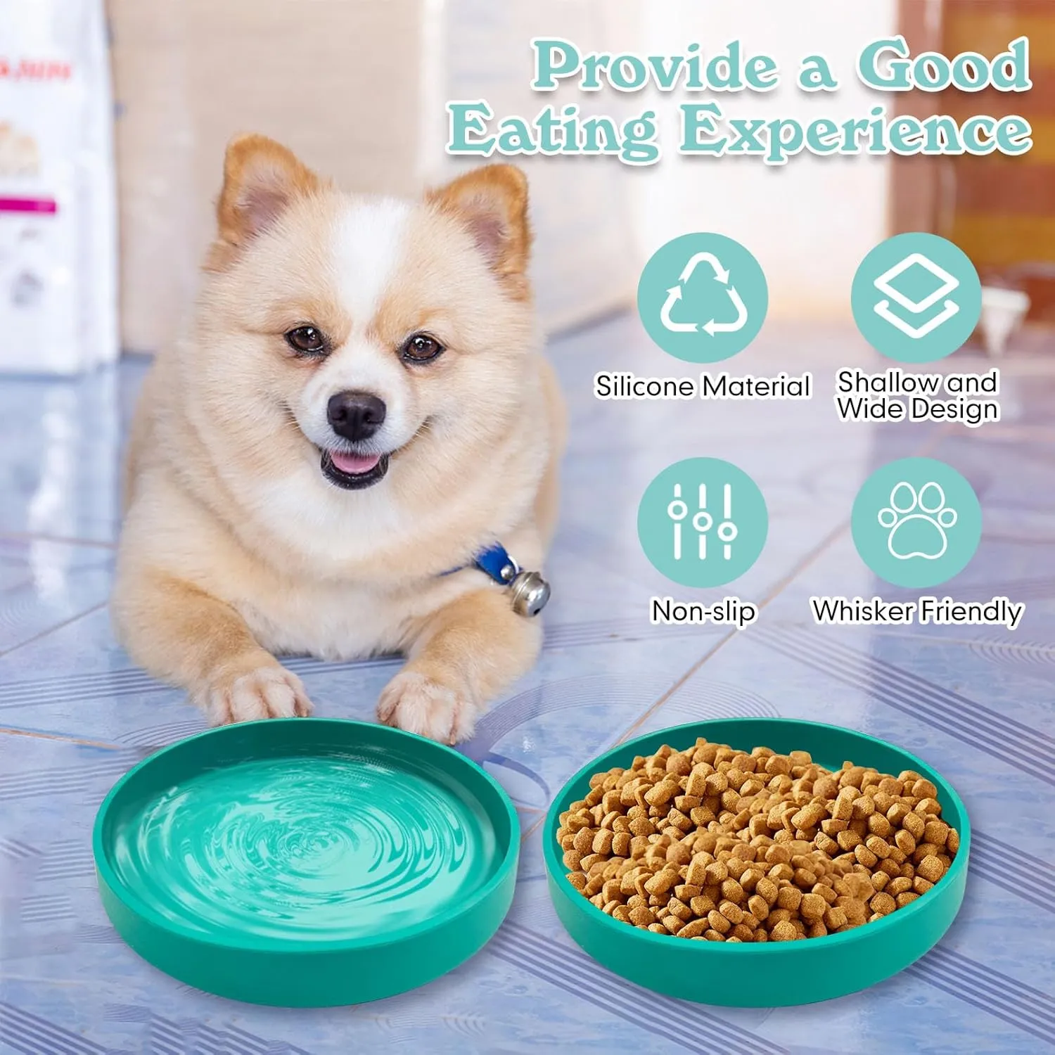 Silicone Dog Bowl Shallow Cat Food Bowls 7" Wide Puppy Plates Whisker Fatigue Pet Feeding Dishes Set of 2 for Dry Food and Wet Food Indoor (Round Green)