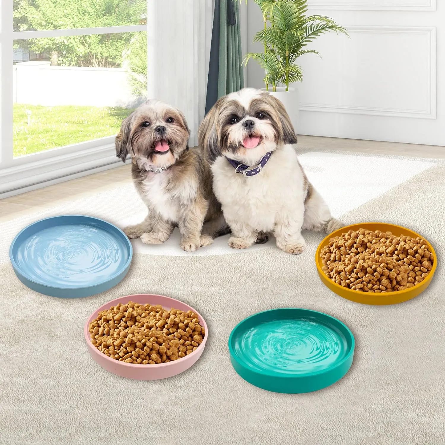 Silicone Dog Bowl Shallow Cat Food Bowls 7" Wide Puppy Plates Whisker Fatigue Pet Feeding Dishes Set of 2 for Dry Food and Wet Food Indoor (Round Green)