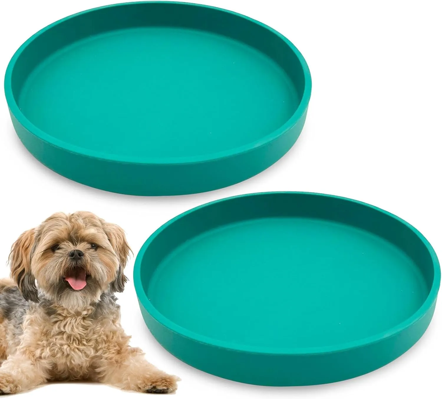 Silicone Dog Bowl Shallow Cat Food Bowls 7" Wide Puppy Plates Whisker Fatigue Pet Feeding Dishes Set of 2 for Dry Food and Wet Food Indoor (Round Green)