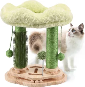 Small Cat Tree for Indoor Kittens,19.7'' Kitten Scratching Post with Bed,Cat Self Groomer with 3-Tier Wood Base,Removable Bed,Groomer Brush,Natural Sisal,2*Dangling Balls,Interactive Ball