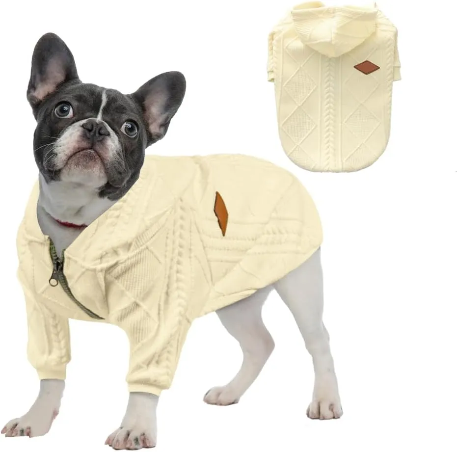 Small Dog Sweater Knitted Pet Sweaters Warm Dog Clothes with Zipper, Hooded Sweatshirt Cable Knitwear Puppy Winter Coat for Small Dogs Girl Boy Soft Cat Apparel(XL, White)