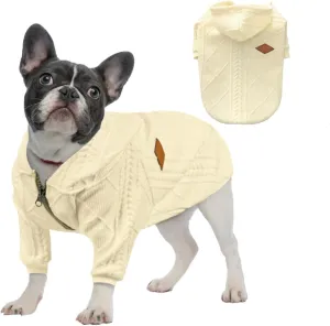 Small Dog Sweater Knitted Pet Sweaters Warm Dog Clothes with Zipper, Hooded Sweatshirt Cable Knitwear Puppy Winter Coat for Small Dogs Girl Boy Soft Cat Apparel(XL, White)