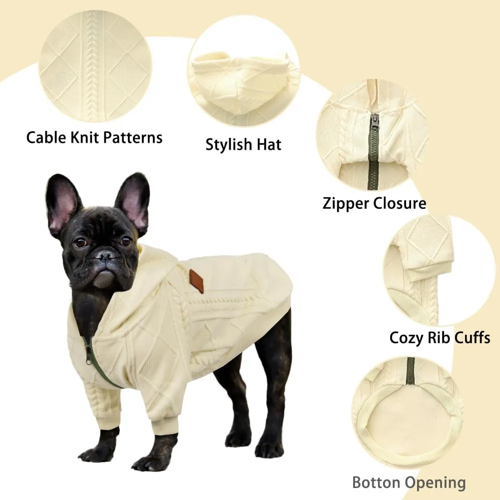 Small Dog Sweater Knitted Pet Sweaters Warm Dog Clothes with Zipper, Hooded Sweatshirt Cable Knitwear Puppy Winter Coat for Small Dogs Girl Boy Soft Cat Apparel(XL, White)
