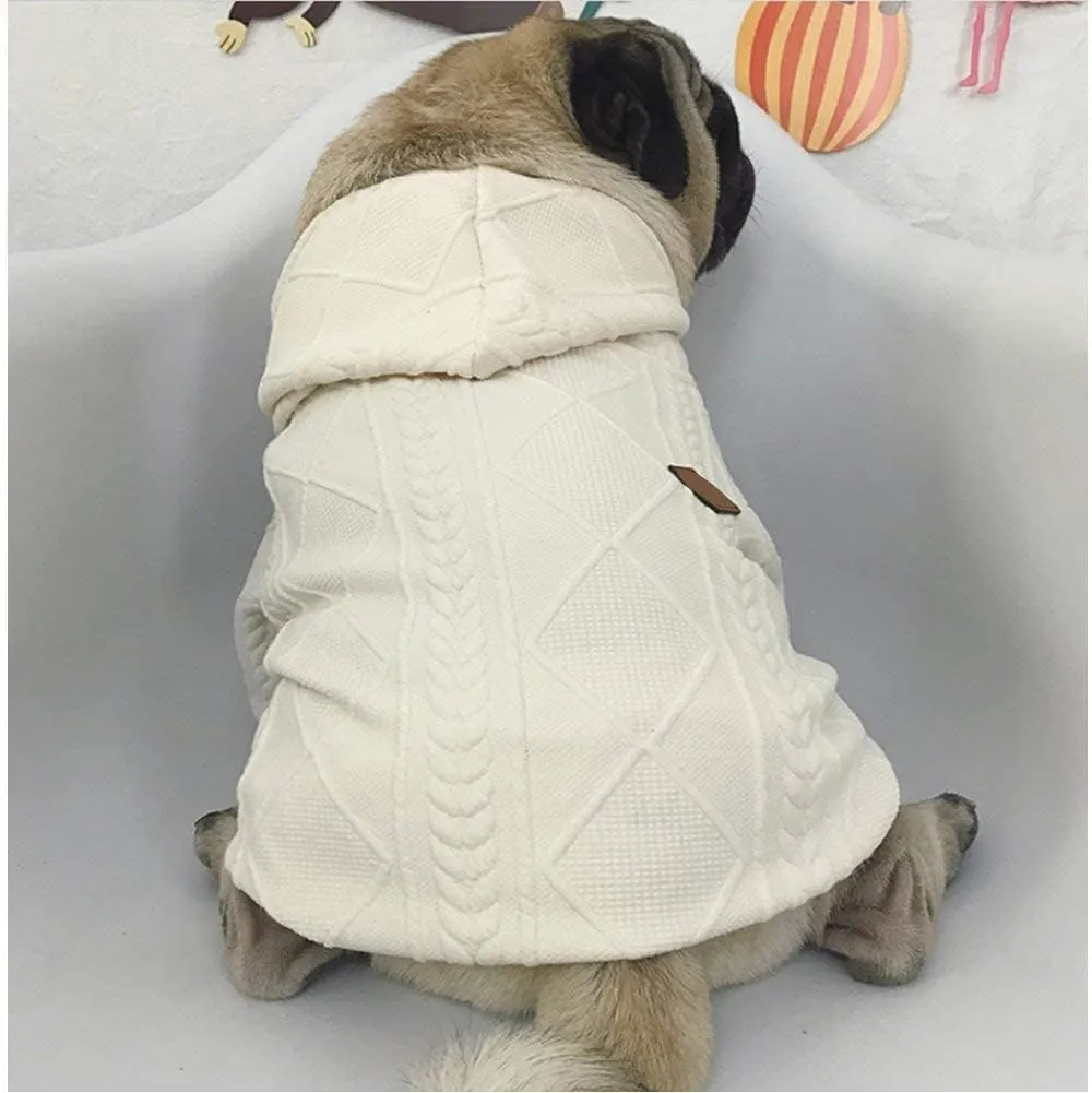 Small Dog Sweater Knitted Pet Sweaters Warm Dog Clothes with Zipper, Hooded Sweatshirt Cable Knitwear Puppy Winter Coat for Small Dogs Girl Boy Soft Cat Apparel(XL, White)