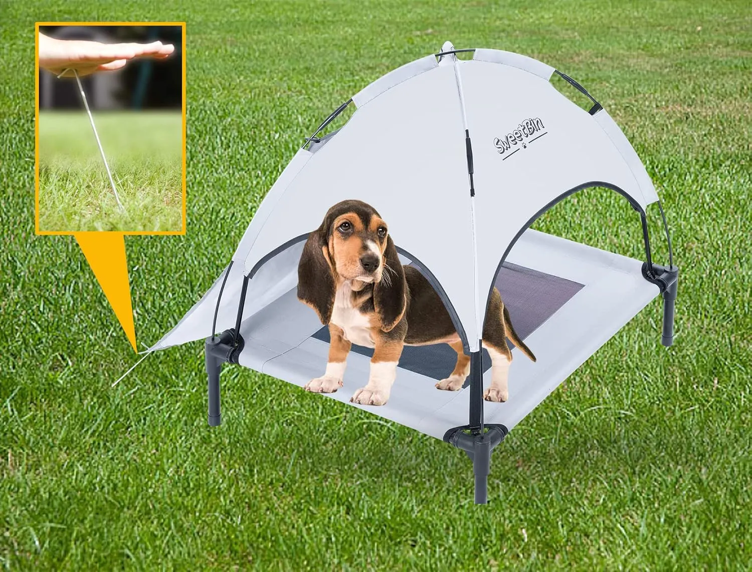 S/M/L Outdoor Elevated Dog Cot with Canopy & Side Shade for Camping Small Medium Dogs (Carry Bag), Portable Cooling Raised Dog Bed with and Side for Beach (S (24"x18"x24"), Grey)