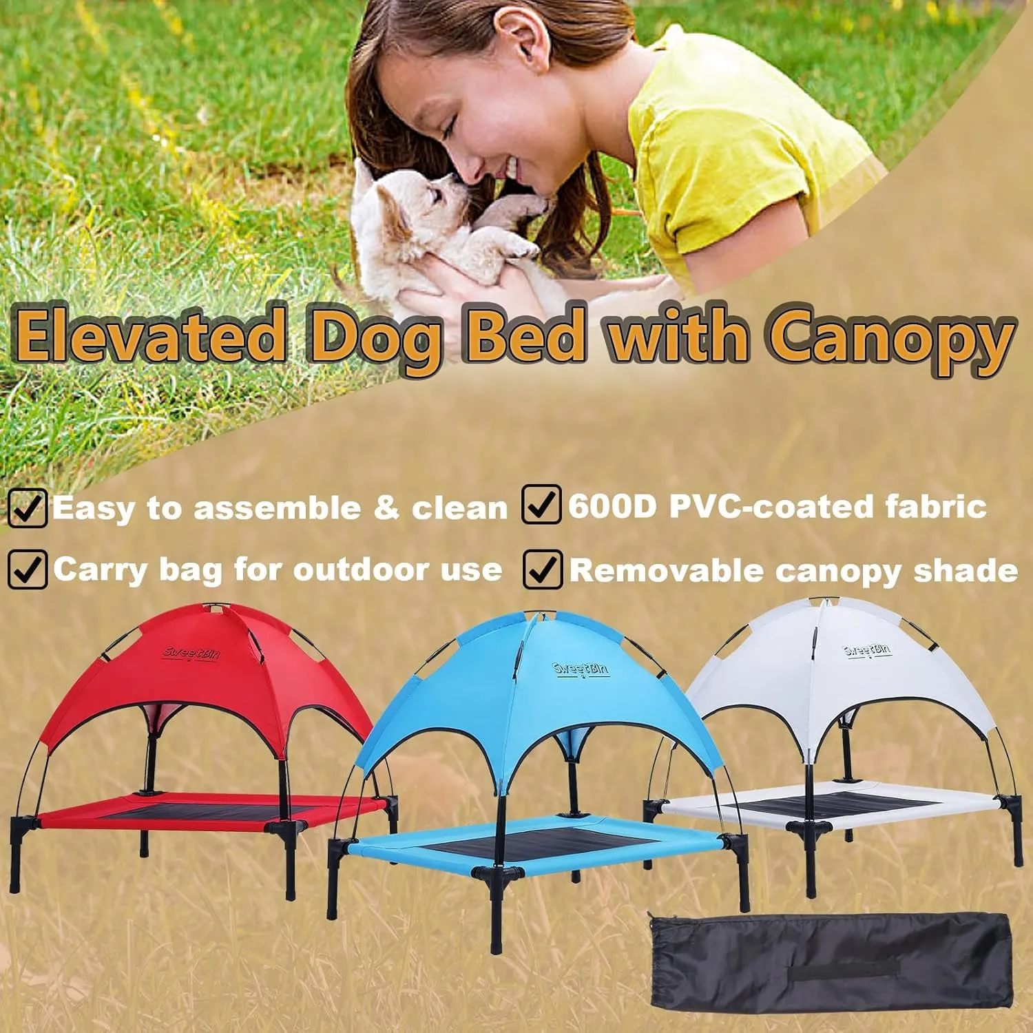 S/M/L Outdoor Elevated Dog Cot with Canopy & Side Shade for Camping Small Medium Dogs (Carry Bag), Portable Cooling Raised Dog Bed with and Side for Beach (S (24"x18"x24"), Grey)
